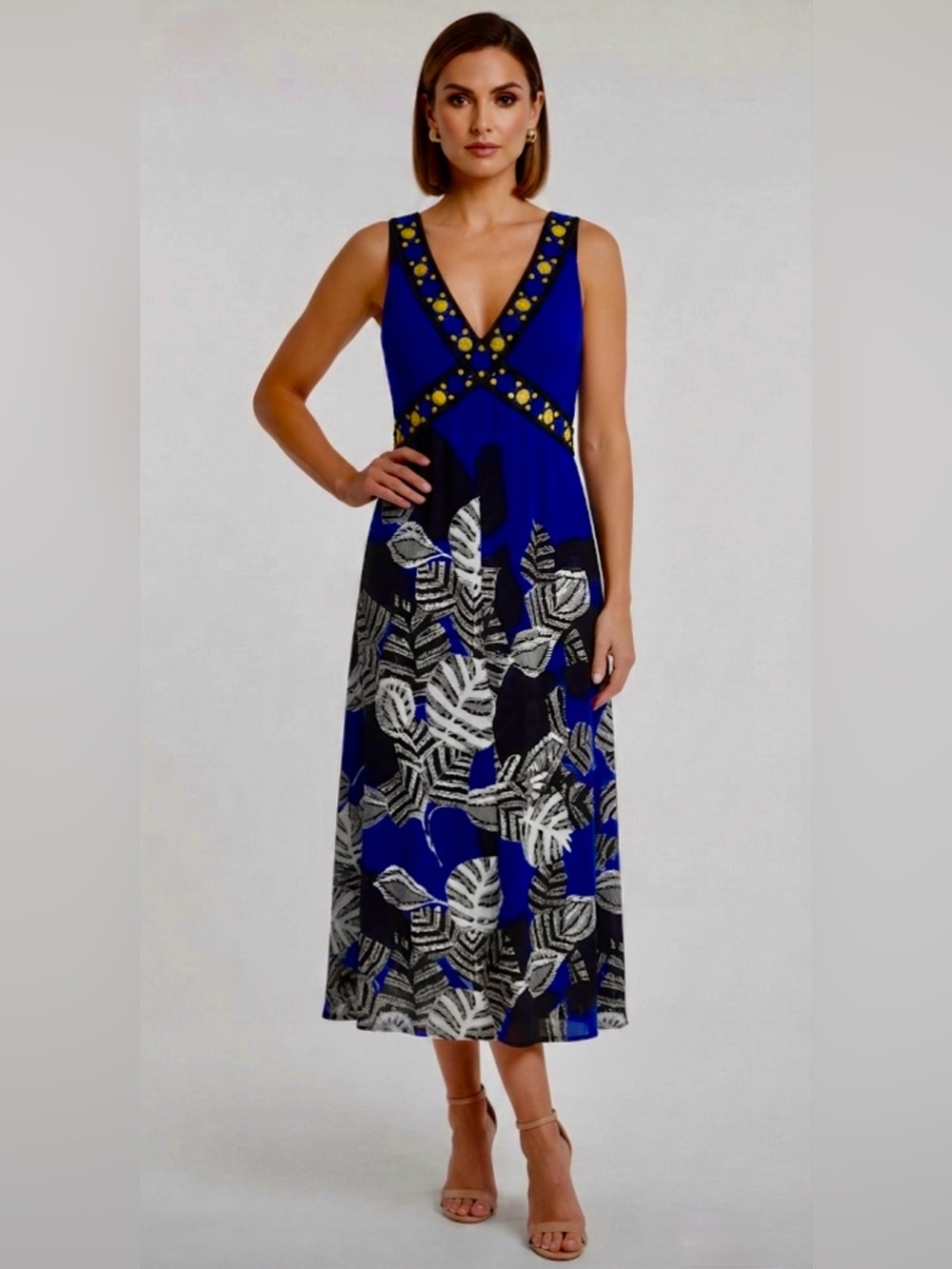 Style & Co. Blue Tropical Leaf Midi Dress V-Neck Geometric Border Size 1X